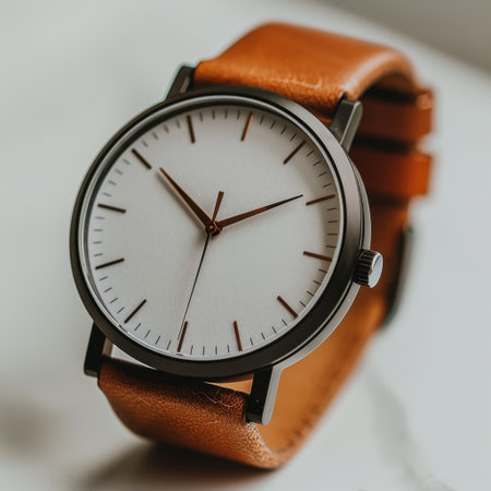 This elegant minimalist watch features a clean white face and a sophisticated brown leather strap, perfect for enhancing any outfit with a touch of modern style.の素材