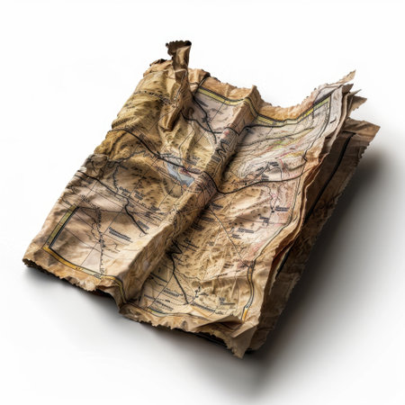 This aged map, with its intricate details and crumpled texture, conveys a sense of geography and exploration, perfect for travel-themed designs or historical contexts.の素材