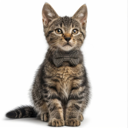 This charming kitten wearing a bow tie is a delightful subject for any pet lover, showcasing its playful personality and adorable expression against a simple backdrop.の素材