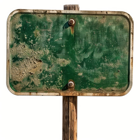 This image features a weathered green blank sign attached to a wooden post, showcasing a rustic outdoor setting perfect for decorating nature-themed projects or signs.の素材