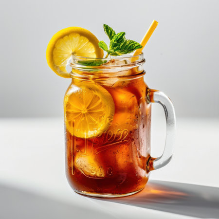 A fresh and vibrant display of iced tea served in a mason jar, featuring slices of lemon and sprigs of mint. Ideal for summer parties or outdoor gatherings.の素材