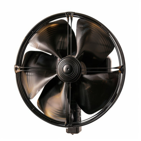 A striking industrial ceiling fan featuring large black blades designed for efficient airflow, ideal for enhancing comfort in various indoor spaces, from offices to warehouses.の素材