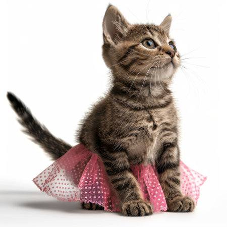 A charming kitten dressed in a pink tutu skirt poses elegantly against a clean white background, embodying playful innocence and beauty perfect for any animal lover.の素材