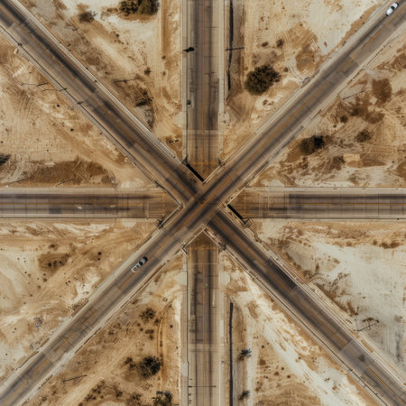 A unique aerial shot showcases a four-way intersection in a largely deserted area, highlighting the surrounding sandy terrain and sparse vegetation.の素材