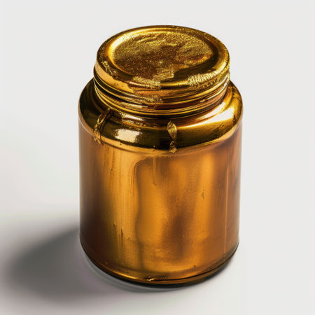This image features a shiny golden jar with a reflective surface, perfect for various creative projects, art supplies, or decor, set against a neutral background.の素材
