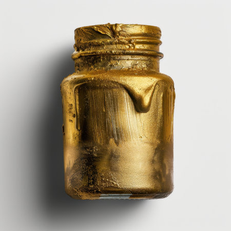 A detailed image of a glass jar filled with rich golden paint. The thick, dripping texture enhances artistic appeal, making it ideal for creative projects and compositions.の素材