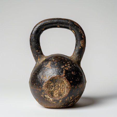 A vintage cast iron kettlebell, displaying a weathered texture, ideal for fitness enthusiasts. This gym accessory adds rustic charm to any workout space, promoting strength training.の素材