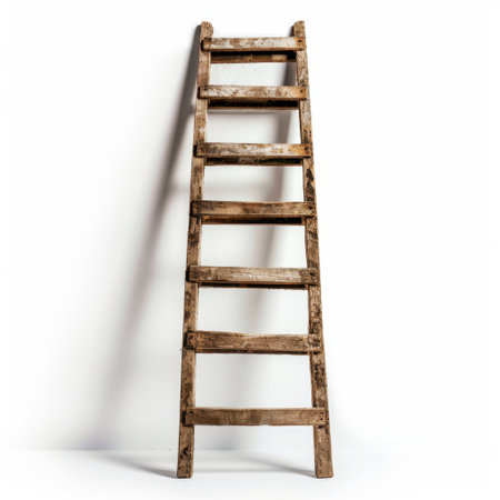 A vintage wooden ladder stands against a white background, offering a charming rustic touch perfect for home decor and renovation projects in photography.の素材
