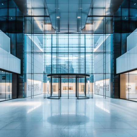 A modern architectural interior showcasing glass walls and sleek design. The bright space features vibrant lighting and minimalistic elements, creating a tranquil ambiance.の素材