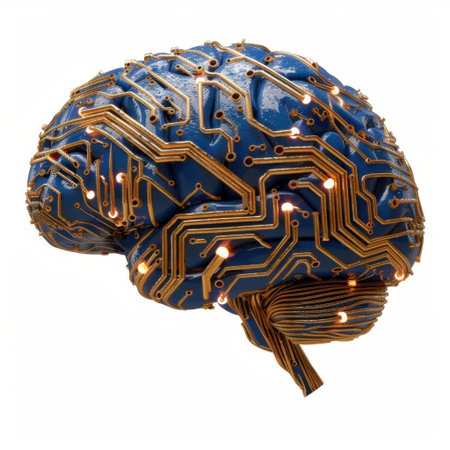 This captivating image features a futuristic brain design with circuit board patterns and illuminating LED lights, symbolizing technology and innovation in artificial intelligence.の素材