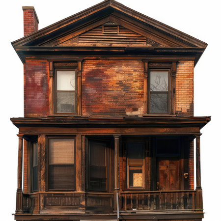 An enchanting image of a weathered wooden house, showcasing intricate architectural details and the beauty of age in a suburban environment, perfect for nostalgic themes.の素材