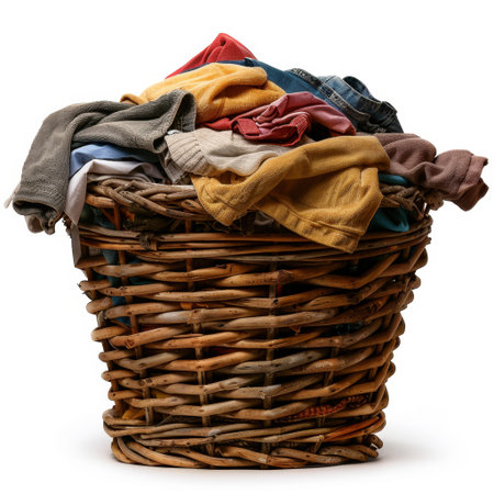 A wicker laundry basket filled to the brim with an assortment of colorful clothes, highlighting the daily routine of household tasks and family life.の素材