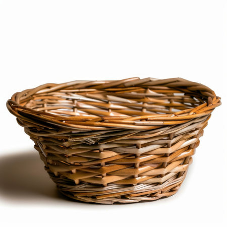 A beautifully crafted woven rattan basket featuring a curved edge, perfect for home organization, creative projects, or as a charming decor piece.の素材