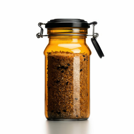This image showcases a glass jar filled with a blend of grains, perfect for enhancing kitchen organization with a touch of aesthetic simplicity.の素材