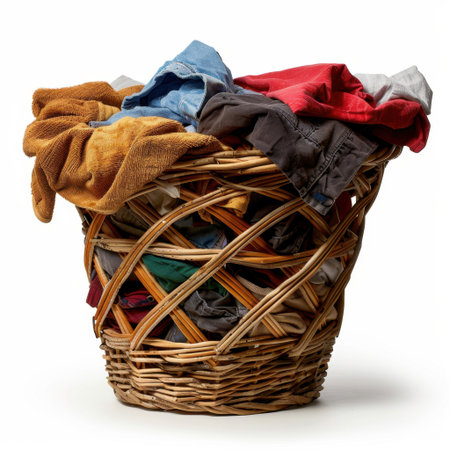 A wicker laundry basket full of diverse and colorful clothes, highlighting textures and fabrics, perfect for illustrating domestic life and everyday routines.の素材