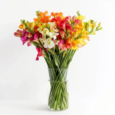 This vibrant freesia flower bouquet showcases a kaleidoscope of colors, perfect for brightening spaces and enhancing floral arrangements for any occasion.の素材