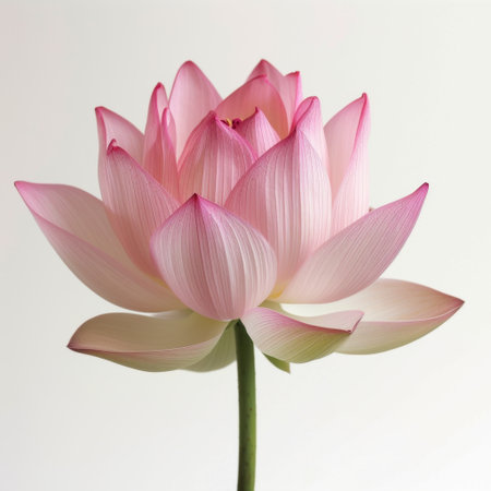 A stunning pink lotus flower showcases intricate petal details against a soft white background, capturing the essence of tranquility and natural beauty in flora.の素材