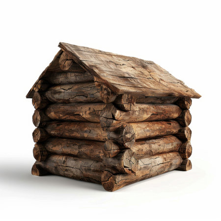 A rustic log cabin showcasing detailed wood textures and a natural appearance. Ideal for projects focusing on nature, architecture, and outdoor themes.の素材