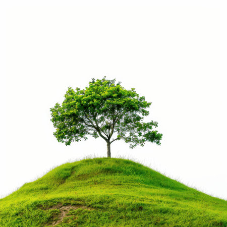 A beautiful tree stands alone on a vibrant green hill, symbolizing nature's peace and serenity. The clear sky above enhances this idyllic and tranquil landscape, perfect for reflection.の素材