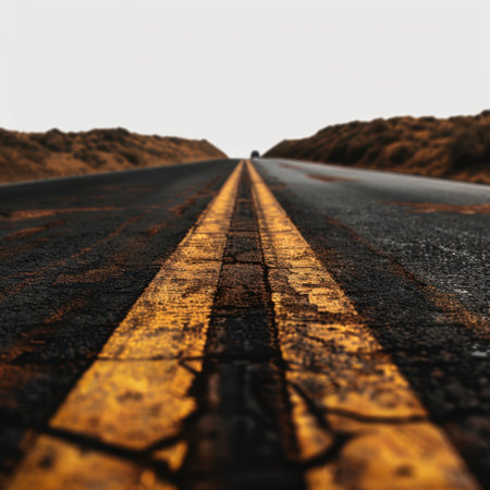 A striking view of a narrow asphalt road leading into the distance, surrounded by rugged terrain. The overcast sky adds a touch of mystery to this travel destination.の素材