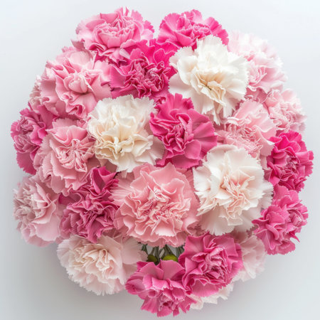 This stunning bouquet showcases an array of pink and white carnations, creating a cheerful and vibrant display ideal for gifts, events, and home decor settings.の素材