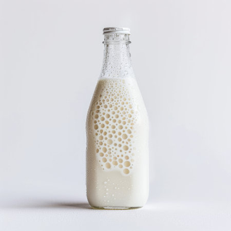 A beautiful glass bottle filled with fresh milk, showcasing tiny bubbles against a clean white background. Perfect for healthy lifestyle and culinary themes.の素材