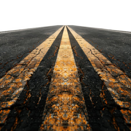 A textured asphalt road with distinct yellow lines extends into the horizon under a clear sky. Perfect for themes of travel, adventure, and exploration.の素材