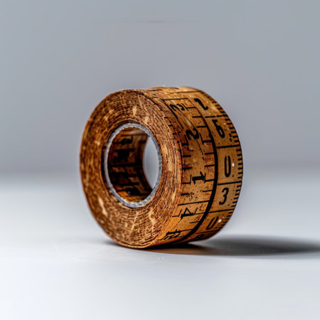 This closeup image features a vintage tape measure showcasing its unique design and craftsmanship. Ideal for decoration, hobbies, or construction projects.の素材