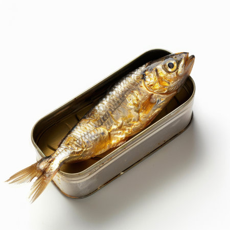 A close-up view of a freshly caught fish displayed inside a vintage tin can against a clean white background, perfect for food photography and seafood culinary inspiration.の素材