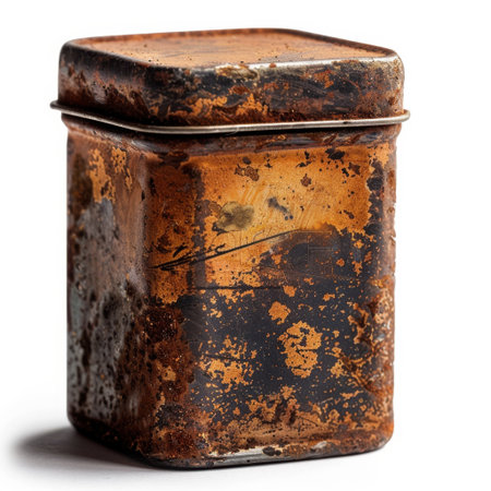 A rustic metal container showcasing intricate textures and a weathered patina, perfect for vintage-style photography or as an aesthetic backdrop for creative projects.の素材