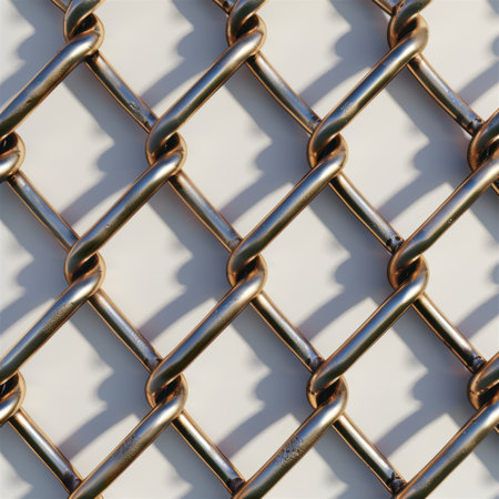 A detailed close-up view of a metallic chain link fence showcasing its intricate design and robust build, reflecting themes of urban settings and construction safety.の素材