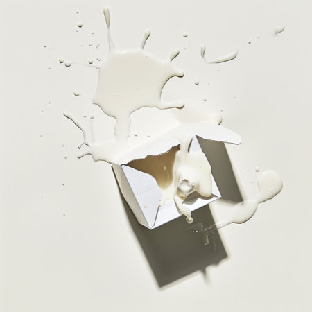 An engaging image featuring a milk carton spilling creamy liquid, capturing the essence of freshness and vitality against a stark white backdrop.の素材