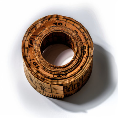 This image features a vintage wooden measuring tape roll, showcasing clear numbers and markings. Perfect for home improvement, crafts, and styling projects.の素材