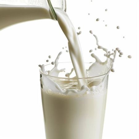 This image captures the moment fresh milk cascades into a clear glass, creating dynamic splashes, symbolizing freshness and vitality in a dairy beverage scene.の素材