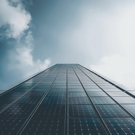This image showcases a tall building adorned with solar panels reflecting sunlight against a backdrop of a clear sky, emphasizing modern renewable energy solutions.の素材