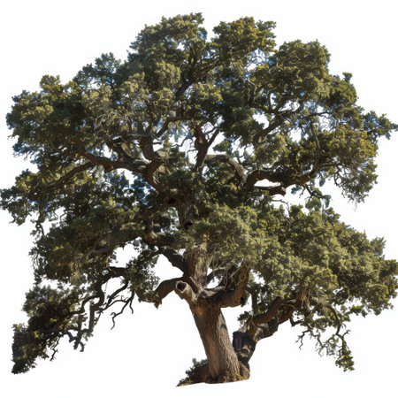 A striking oak tree stands proud with expansive branches and vibrant green leaves. This image captures the essence of nature, showcasing strength and beauty in an outdoor setting.の素材