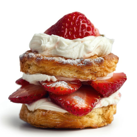 A beautiful strawberry shortcake tower featuring layers of flaky pastry filled with whipped cream and fresh strawberries. Perfect for dessert lovers and summer gatherings.の素材