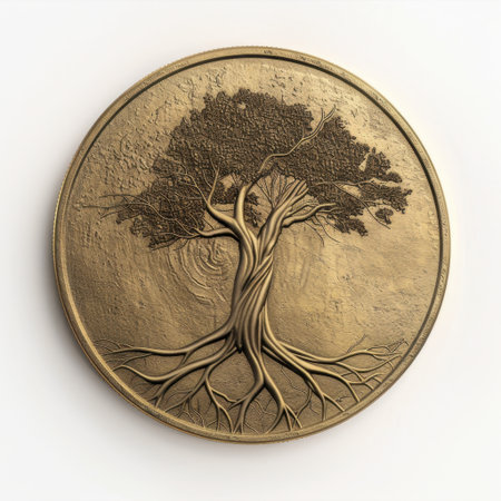 This stunning bronze engraving features a tree with detailed roots and bark, showcasing the beauty of nature and symbolizing strength and growth in a striking circular design.の素材