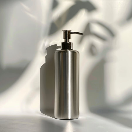 A stylish metallic pump bottle stands against a softly lit background, enhancing the interplay of light and shadows. Ideal for beauty product showcases or minimalistic decor.の素材