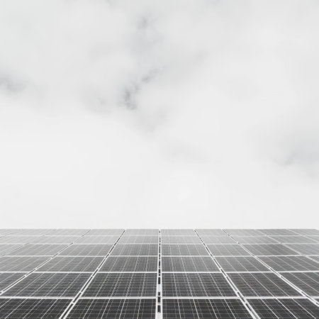 This image showcases a wide expanse of solar panels arrayed under a cloudy sky, emphasizing the importance of renewable energy sources for a sustainable future.の素材