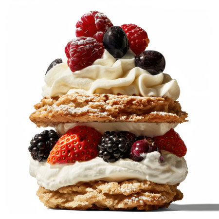 A stunning layered dessert featuring crispy pastries filled with whipped cream and topped with an assortment of fresh berries, perfect for any culinary occasion.の素材