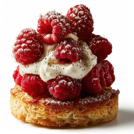 A mouthwatering raspberry dessert featuring a fluffy base, topped with whipped cream and fresh berries, perfect for gourmet food displays and culinary delights.の素材