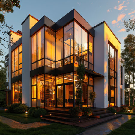 A stunning modern luxury home featuring large glass windows illuminated by warm evening light, surrounded by a tranquil garden perfect for relaxation and aesthetic appreciation.の素材