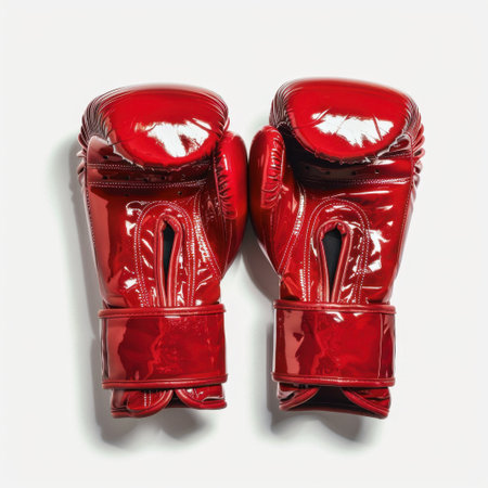 A pair of striking red boxing gloves displayed in an isolated setting, perfect for showcasing sports equipment and promoting fitness, strength, and training essentials.の素材