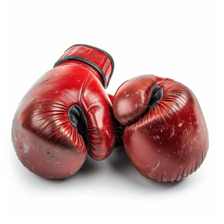 Displaying vintage red boxing gloves with scratches, this image evokes sports nostalgia and is ideal for fitness, training, or boxing-themed projects.の素材
