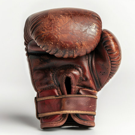 This vintage boxing glove showcases rich leather and detailed texture, ideal for sports enthusiasts and collectors. A symbol of dedication and martial craftsmanship.の素材