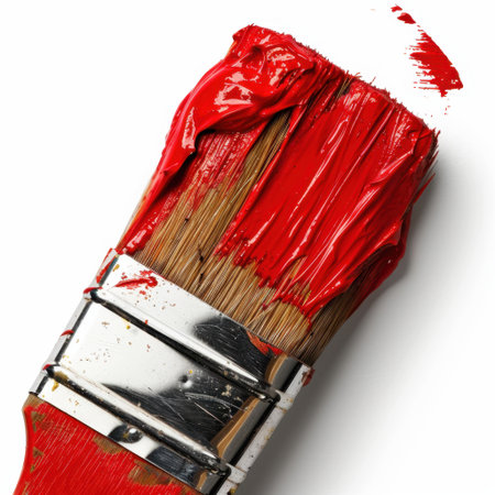 Close-up image of a bright red paintbrush loaded with fresh color, ideal for artistic projects, showcasing creativity and vibrant expression in a studio setting.の素材