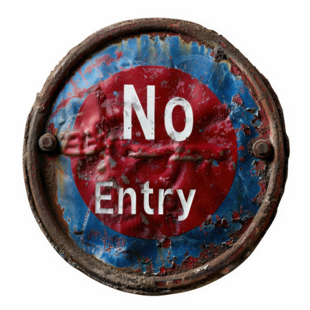 A close-up of a weathered no entry sign showcasing a distressed blue and red background, capturing urban character and prohibition in a unique vintage style.の素材