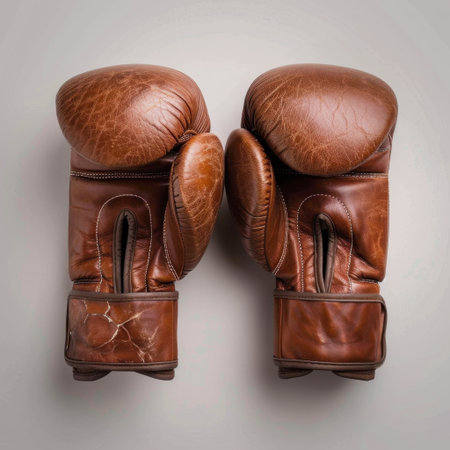 This vintage pair of brown leather boxing gloves features a worn texture, ideal for representing sports, fitness themes, and training equipment in your projects.の素材