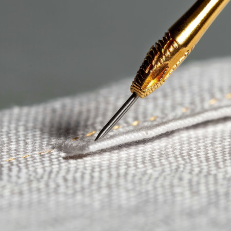 A detailed close-up image showcasing a golden needle threading through white fabric, capturing the essence of precision and skill in tailoring and sewing.の素材